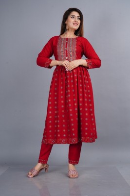 Janki Creation Women Floral Print Anarkali Kurta(Red)