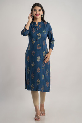 Ankhnoor Women Printed Straight Kurta(Blue)