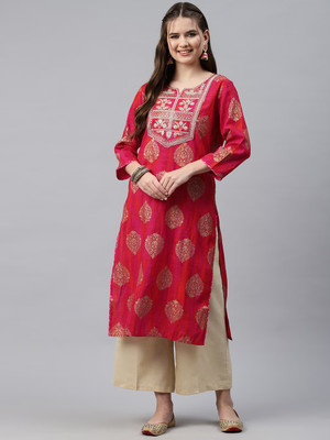 Readiprint Fashions Women Embroidered Straight Kurta(Red, Gold)