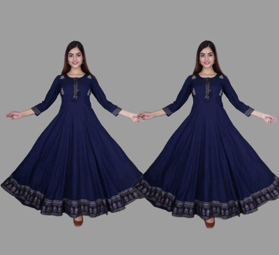 ShreeShyam Handicraft Women Embroidered Gown Kurta(Blue)