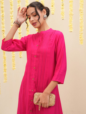 Vishudh Women Embroidered A-line Kurta(Pink)