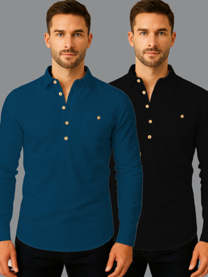 Navkanj Men Solid Straight Kurta(Blue, Black)