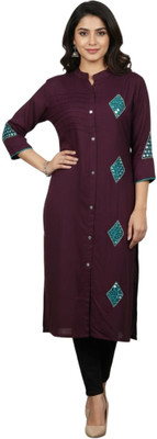 Anabia Trendy Fashion Women Embroidered, Geometric Print, Solid Straight Kurta(Purple)