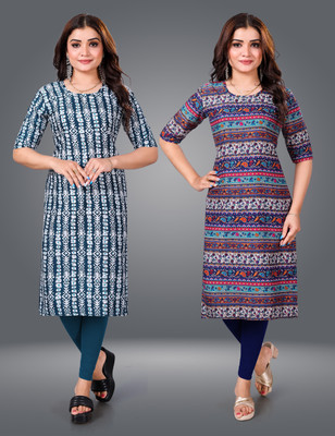 MOBHISA Women Printed Straight Kurta(Blue)