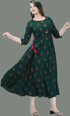 anushansa Women Floral Print Anarkali Kurta(Dark Green, Pink, Beige)