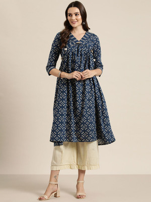 HERE&NOW Women Printed A-line Kurta(Dark Blue)