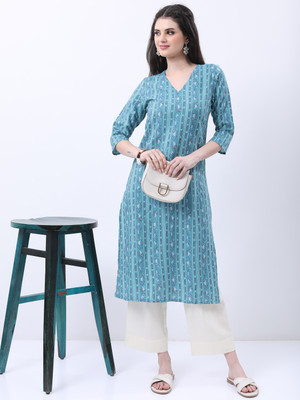 Vishudh Women Printed Straight Kurta(Blue)