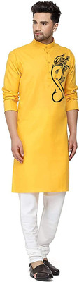 VaibhavLaxmii Men Self Design Straight Kurta(Yellow)