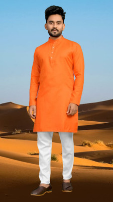 Biswas Trends Men Solid Straight Kurta(Orange)