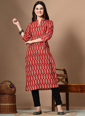 Raghav Silk Studio Women Paisley, Printed Straight Kurta(Red)