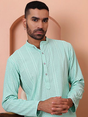 Jompers Men Embroidered Straight Kurta(Light Blue)