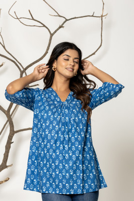 Jaipuri Bunaai Women Floral Print Straight Kurta(Blue)