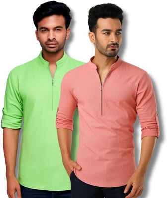 EchoWear Men Solid Straight Kurta(Light Green, Pink)
