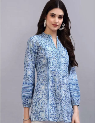 GTY-MM Women Printed Cape Top Kurta(Blue, White)