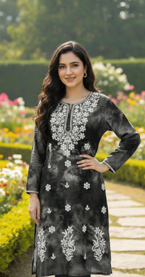 ChikankariArts Women Dyed/Ombre Straight Kurta(Black)