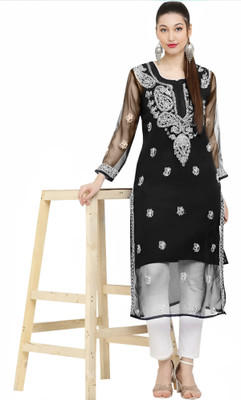 SMAfashion Women Chikan Embroidery Straight Kurta(Black, White)