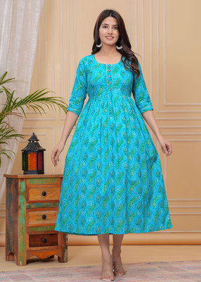 ANUOM Women Floral Print A-line Kurta(Blue)