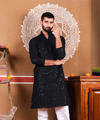 Nellist Men Embroidered Straight Kurta(Black)