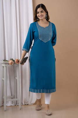 his&her Women Embroidered Straight Kurta(Blue)