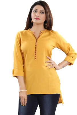 Anmi Desirable Mustard Rayon Cotton Hi-Low Short Kurti Top Solid Women High Low Kurta(Yellow)