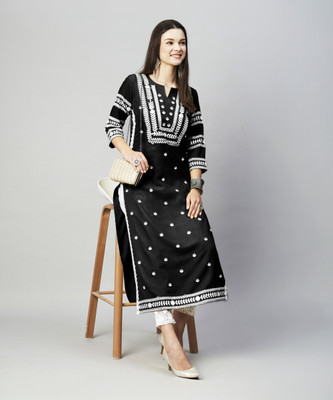 PRITITEX Women Embroidered Straight Kurta(Black)
