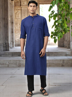 Kryptic Men Solid Straight Kurta(Blue)
