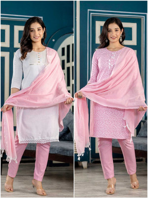 Aizal Collection Women Chikan Embroidery, Embellished, Floral Print Straight Kurta(White, Pink)