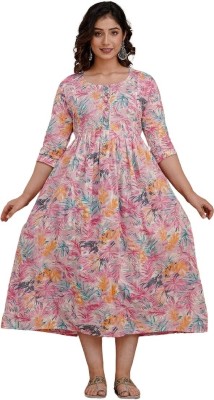 Krishna Creations Women Floral Print Gown Kurta(Pink)