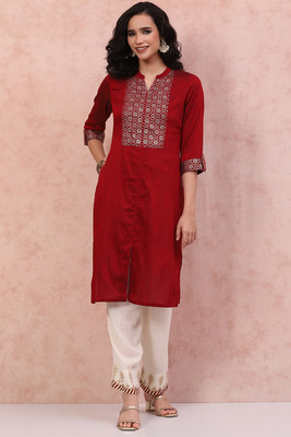 RANGRITI Women Printed Straight Kurta(Red)