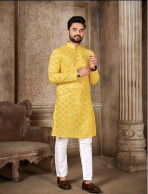 BHAGIRATH FASHION Men Embroidered Straight Kurta(Yellow)