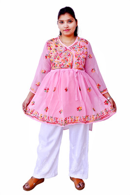 Ah cration Women Chikan Embroidery A-line Kurta(Pink)