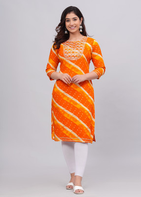 pankhuri international Women Printed Straight Kurta(Yellow)