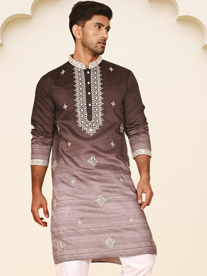 Jompers Men Embroidered Straight Kurta(Brown)