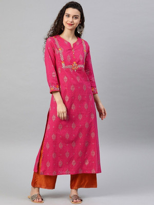 Yash Gallery Women Printed Straight Kurta(Pink)