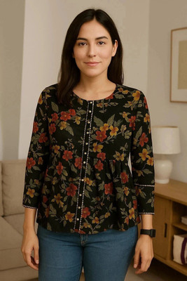 New RJP Craft Women Floral Print Flared Kurta(Black)