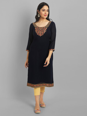 Femvy Women Embroidered A-line Kurta(Black, Yellow, Pink)
