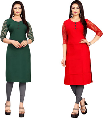 HOFC Women Solid Straight Kurta(Dark Green, Red)