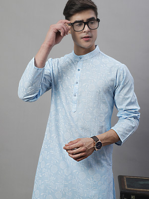 ANOUK Men Printed Straight Kurta(Blue)