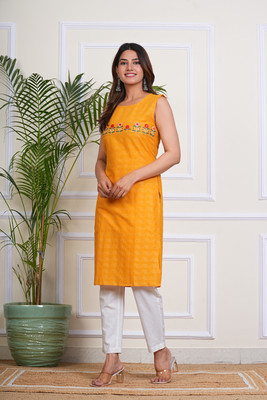 Aditi Women Embroidered, Printed A-line Kurta(Yellow)