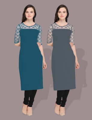 Dream Beauty Fashion Women Self Design Straight Kurta(Blue)