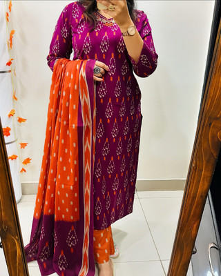 Saral Women Ikat, Printed, Floral Print, Embroidered A-line Kurta(Purple)