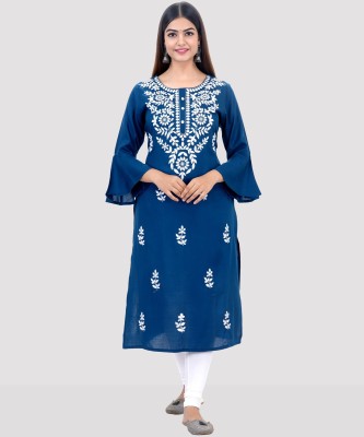 Purvija Kurties Women Chikan Embroidery, Embroidered Straight Kurta(Dark Blue)