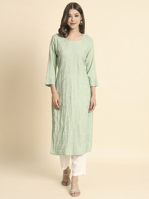 Sofisty Women Embroidered Straight Kurta(Light Green)