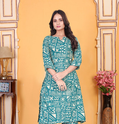 PERYWINKLES Women Printed, Geometric Print Straight Kurta(Blue)