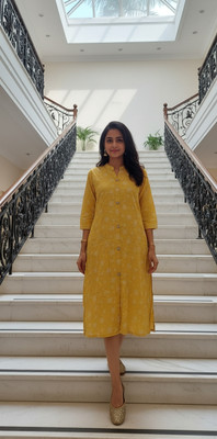 Freshkick Women Geometric Print Ethnic Dress Kurta(Yellow)
