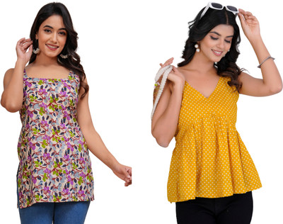 Label Adrija Women Floral Print, Striped Tunic Kurta(Yellow, Multicolor)