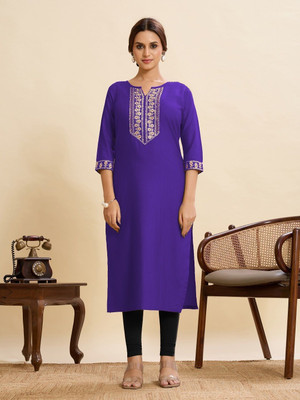 Lerkiza Women Embroidered A-line Kurta(Purple)