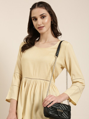 SHOWOFFFF Women Solid A-line Kurta(Beige)