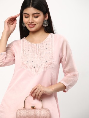 R&B Women Solid A-line Kurta(Pink)