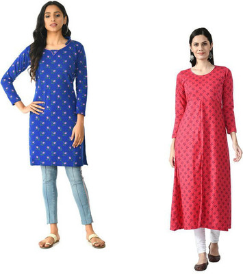 Indeweaves Women Printed A-line Kurta(Multicolor)